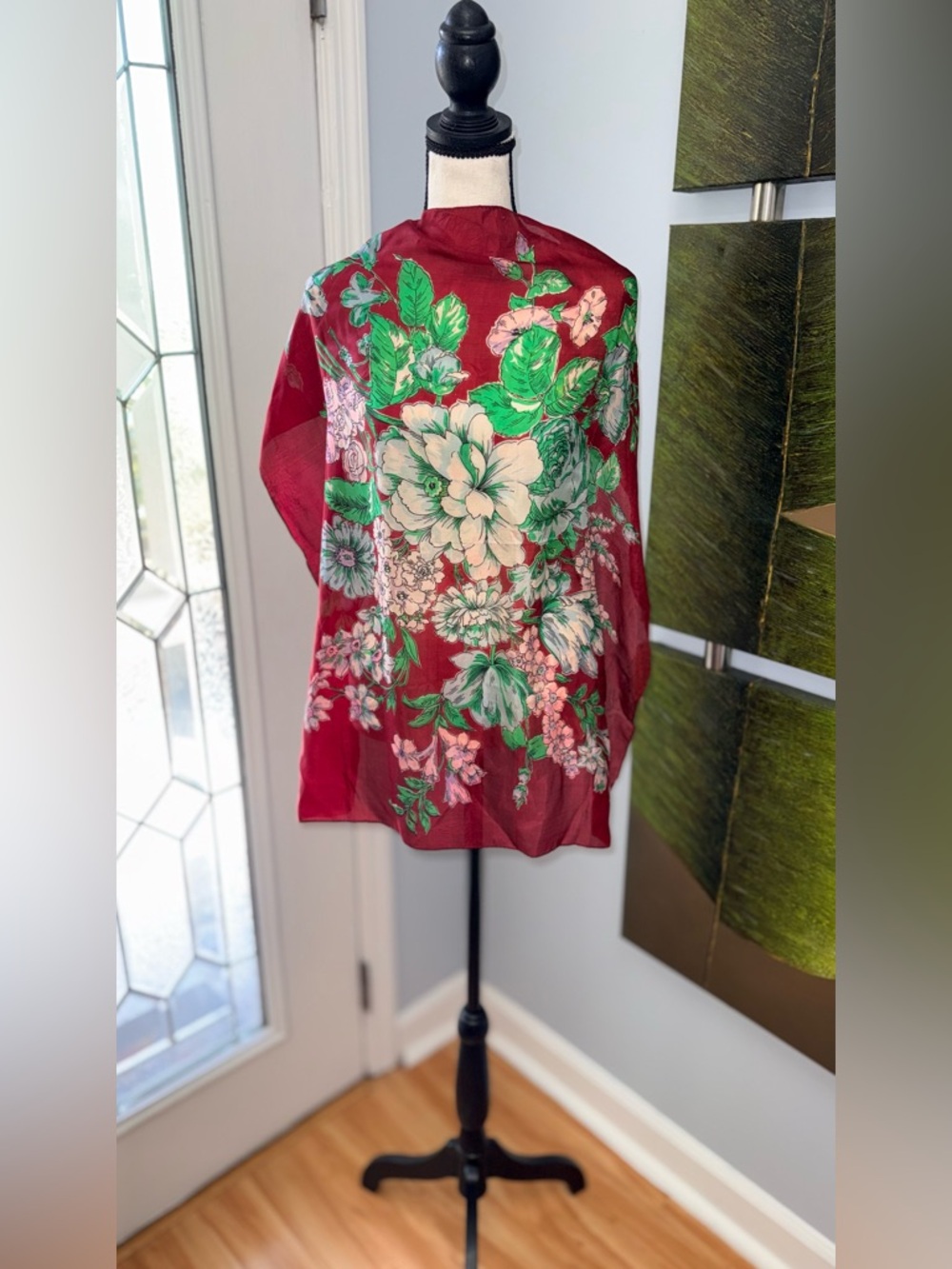 Vintage 40’s DeeLee All Silk Hand Rolled Vibrant Floral Deep Red Scarf!